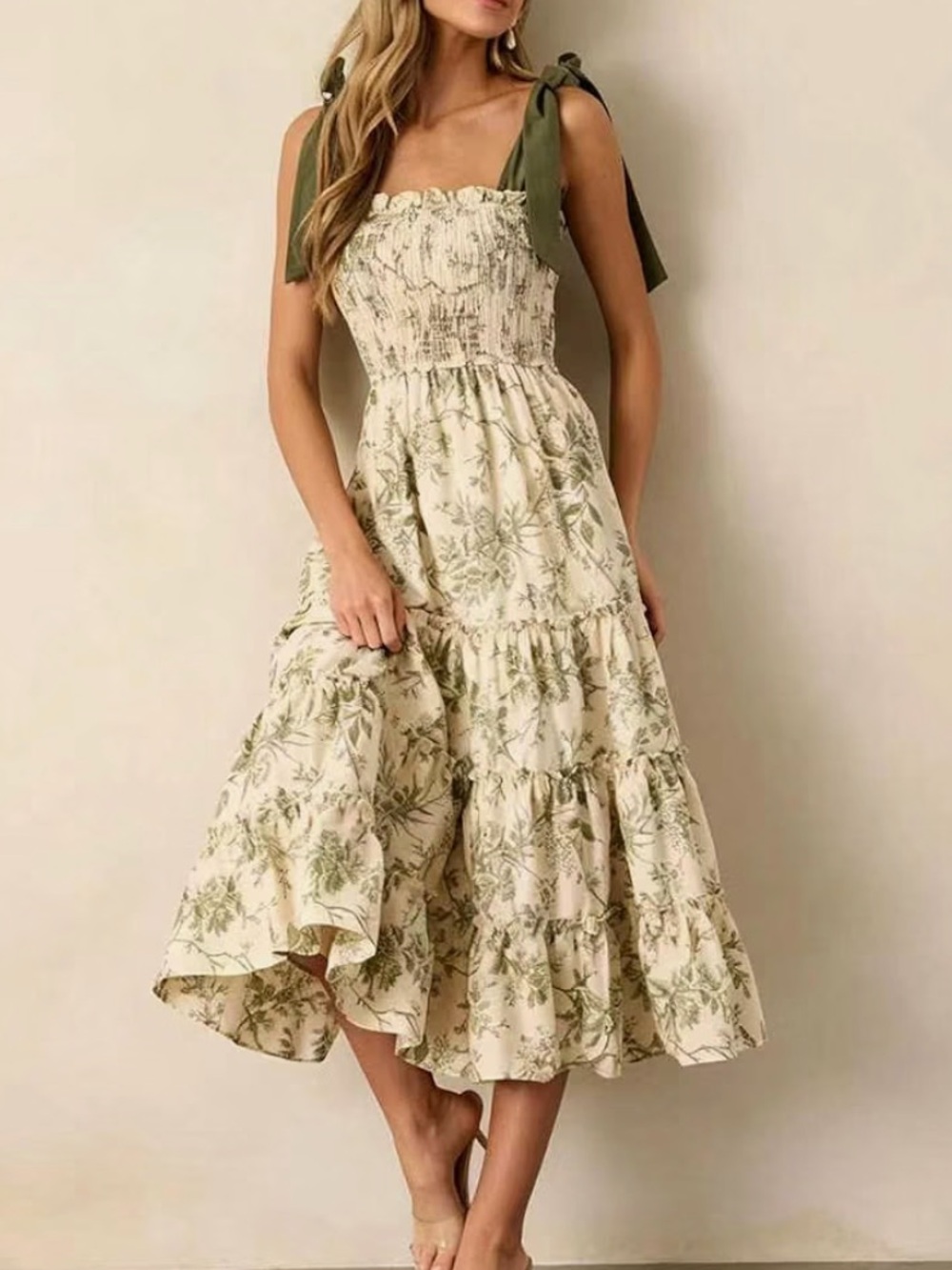 Floral Tie-Shoulder Tiered Midi Dress in Cream and Olive